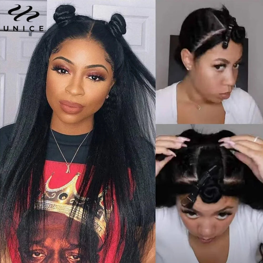 UNice Hair Drawstring Cap Kinky Straight V Part Wig & U Part Wig EasiContour 100% Human Hair Wigs No Glue Small Head Friendly