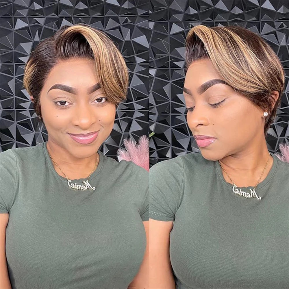4/27 Straight Pixie Cut Human Hair Wigs Colored Short Pixie Cut Preplucked Wig Honey Blonde Hair 13x4 Lace Front Human Hair Wig