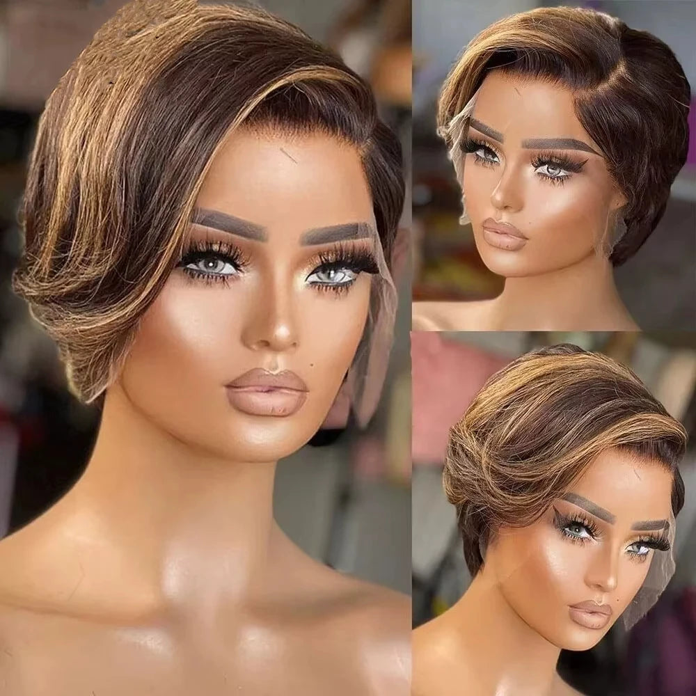 4/27 Straight Pixie Cut Human Hair Wigs Colored Short Pixie Cut Preplucked Wig Honey Blonde Hair 13x4 Lace Front Human Hair Wig