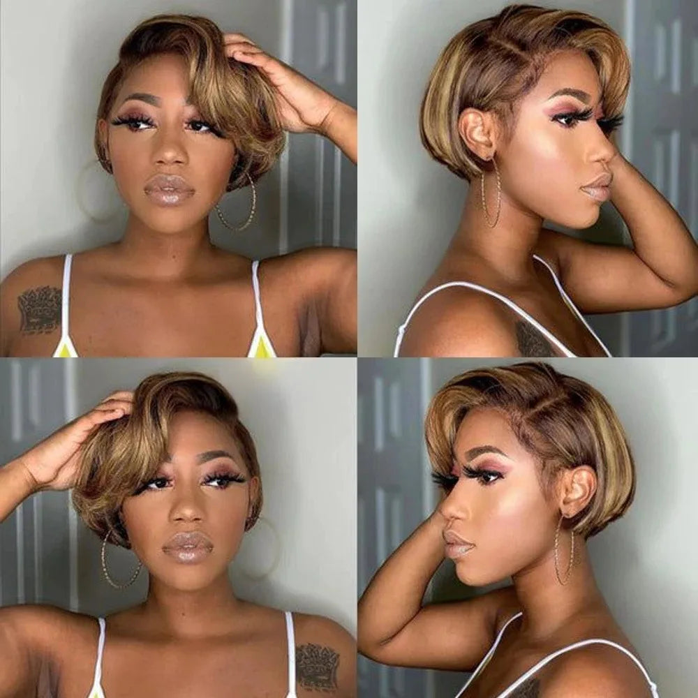 4/27 Straight Pixie Cut Human Hair Wigs Colored Short Pixie Cut Preplucked Wig Honey Blonde Hair 13x4 Lace Front Human Hair Wig