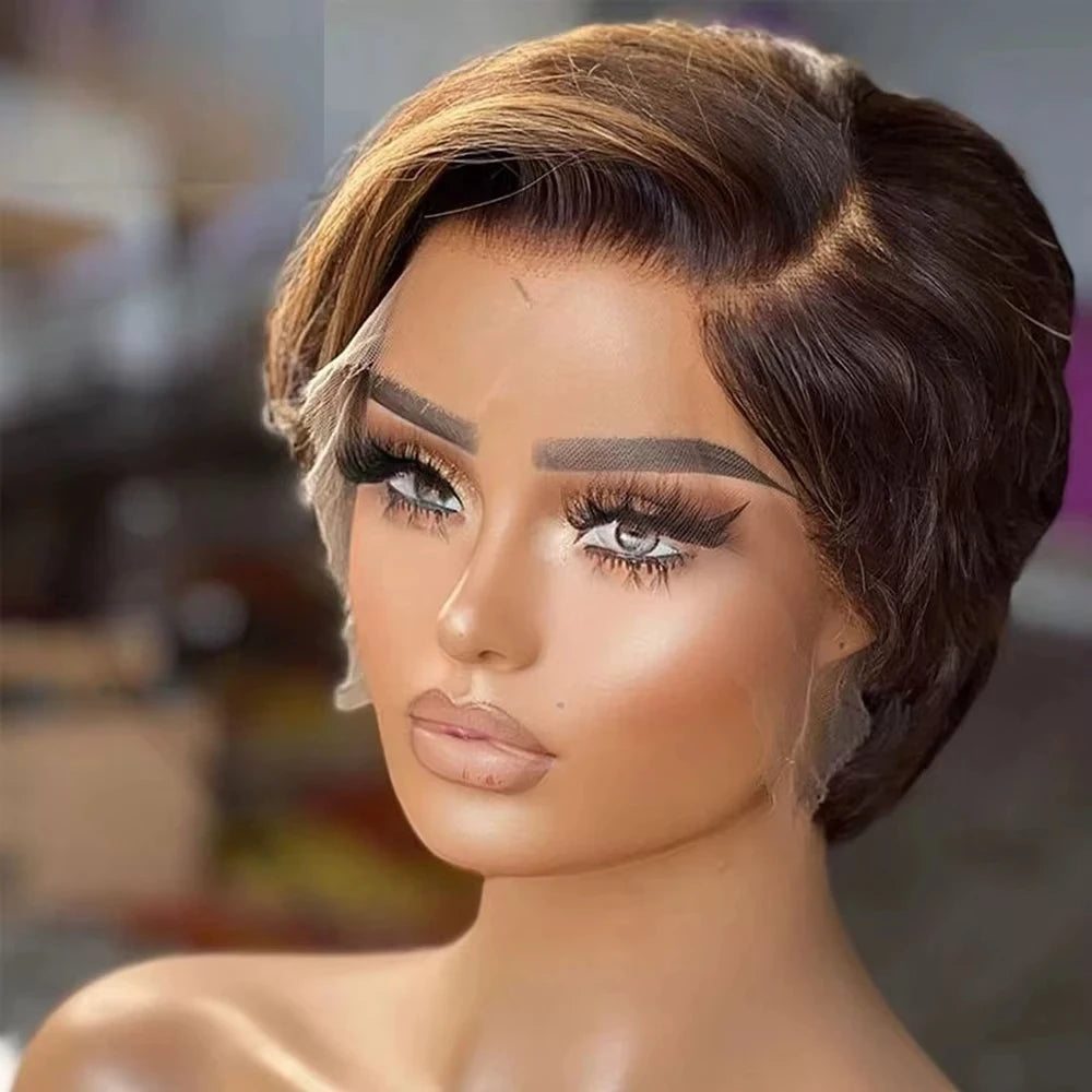 4/27 Straight Pixie Cut Human Hair Wigs Colored Short Pixie Cut Preplucked Wig Honey Blonde Hair 13x4 Lace Front Human Hair Wig