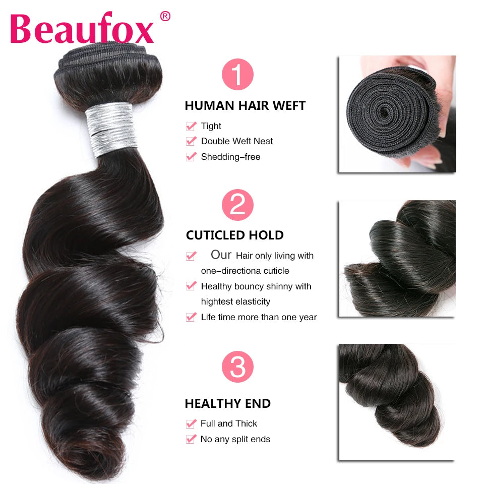 Beaufox Loose Wave Bundles 100% Human Hair Bundles Indian Hair Weave 1/3/4 Bundles Deal Human Hair Virgin Human Hair Extensions