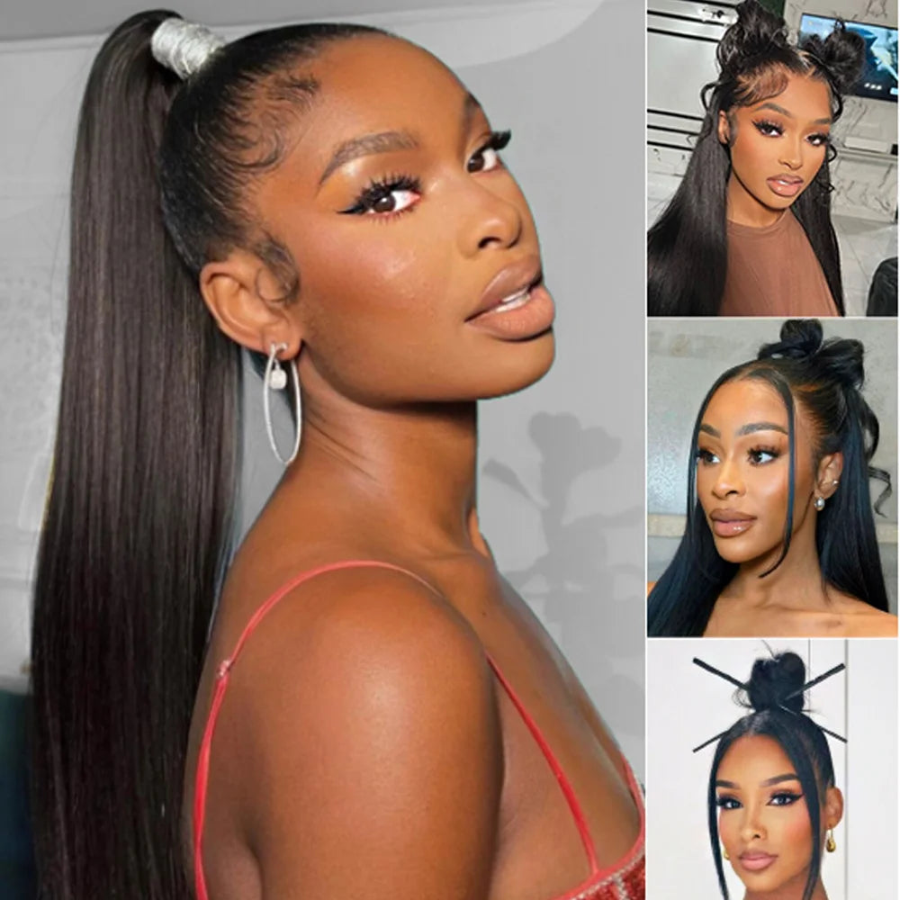 250 Density Upgrade Invisible Drawstring 360 Full Lace Frontal Wig 30 Inch Straight HD Lace Front Wigs Human Hair Natural Black