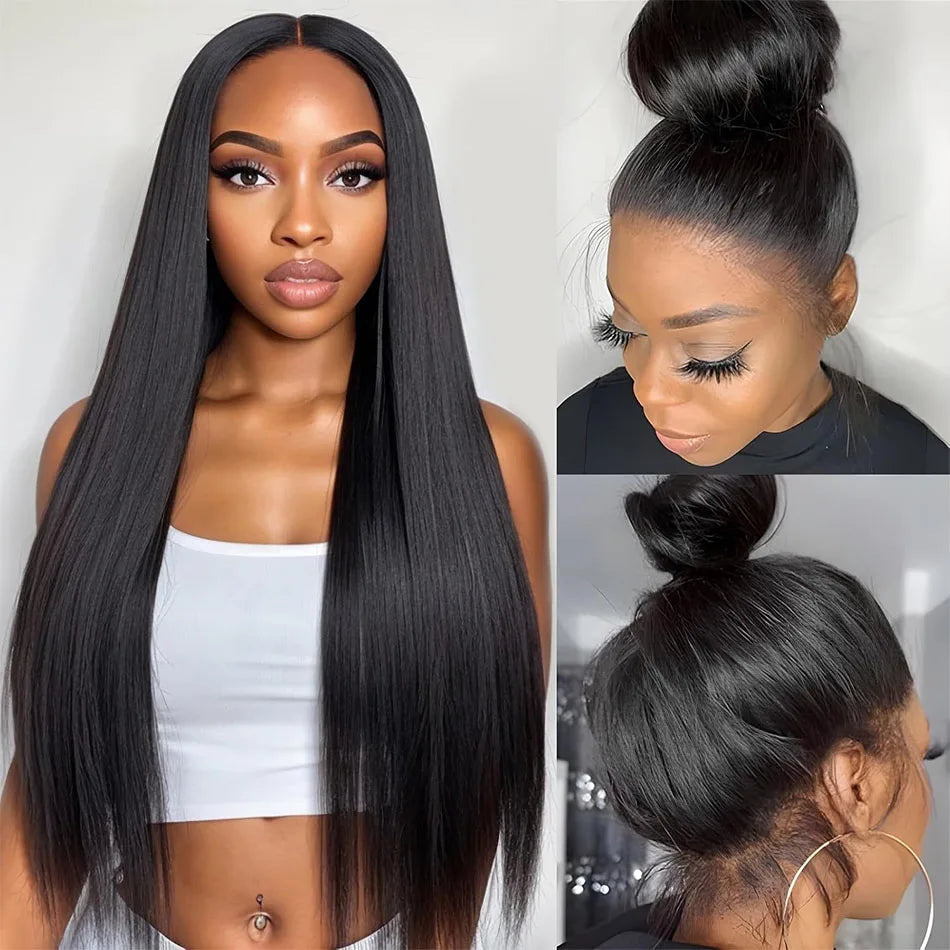250 Density Upgrade Invisible Drawstring 360 Full Lace Frontal Wig 30 Inch Straight HD Lace Front Wigs Human Hair Natural Black