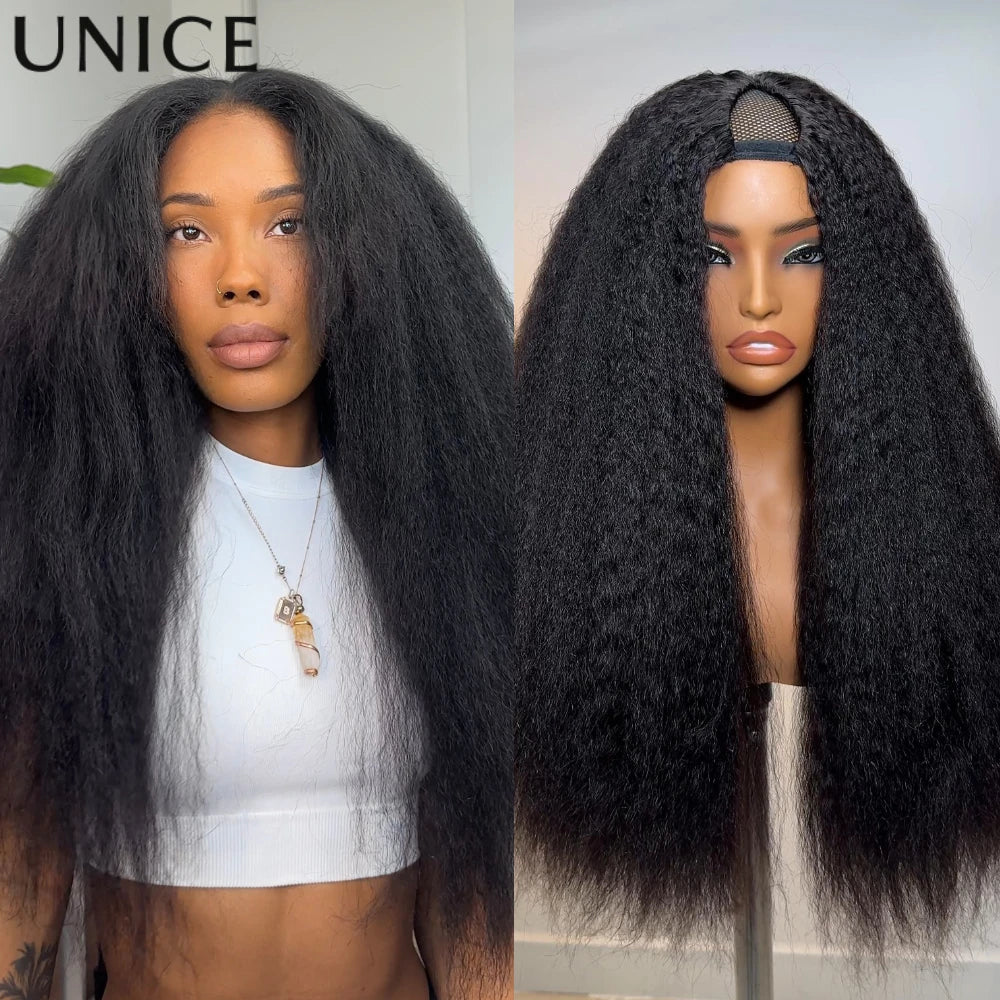 UNice Hair Drawstring Cap Kinky Straight V Part Wig & U Part Wig EasiContour 100% Human Hair Wigs No Glue Small Head Friendly