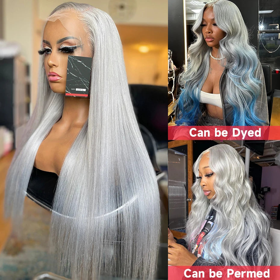 13x6 Silver Grey Straight Lace Front Human Hair Wigs Pre Plucked 613 Blonde Body Wave Frontal Wigs For Women Brazilian Hair Wigs