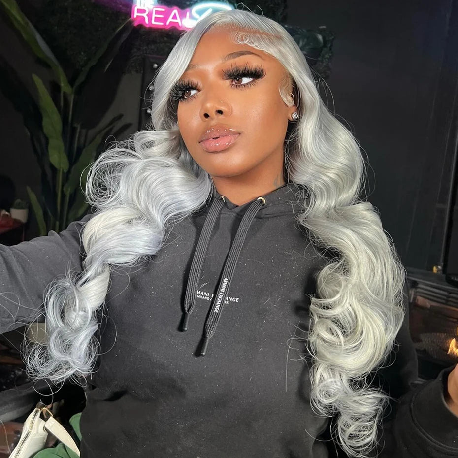 13x6 Silver Grey Straight Lace Front Human Hair Wigs Pre Plucked 613 Blonde Body Wave Frontal Wigs For Women Brazilian Hair Wigs