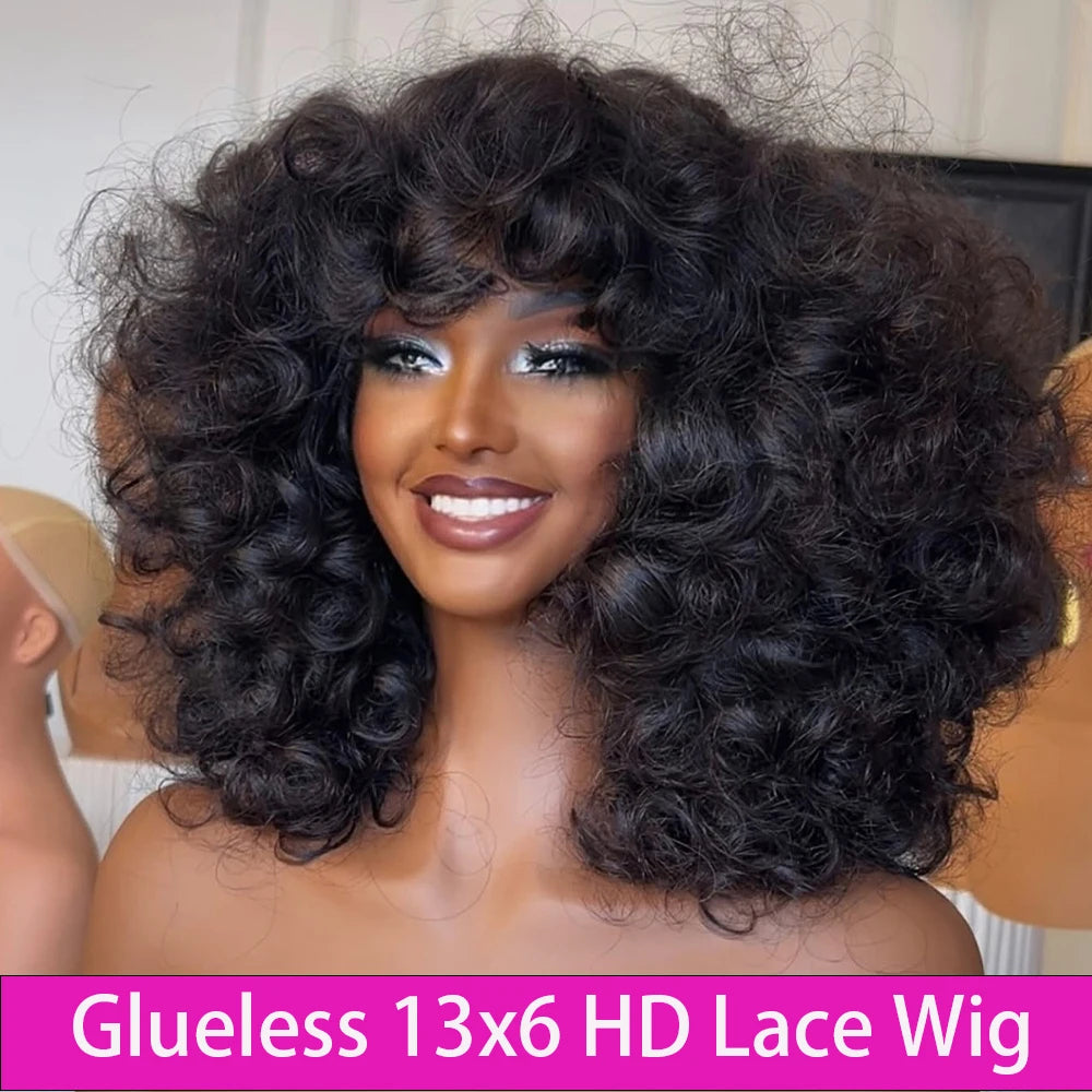 13×6 HD Lace Frontal Wig Afro Bouncy Curly 450 Density Glueless Wig Human Hair 16-36 Inch 360 HD Transparent Lace Wig Human Hair