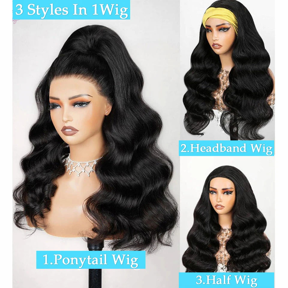 Body Wave Human Hair Wigs For Women 34 Inch 3 In 1 Drawstring half wigs human hair curly wigs black wigs 100% human