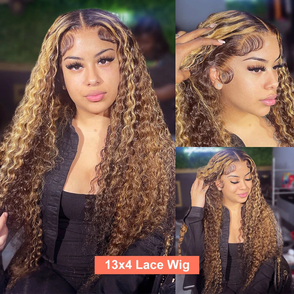 Wiggogo Curly Colored Highlight Wig Human Hair Deep Wave 13X6 Hd Lace Frontal Wig 13X4 4/27 Ombre Brown Blonde Lace Front Wigs