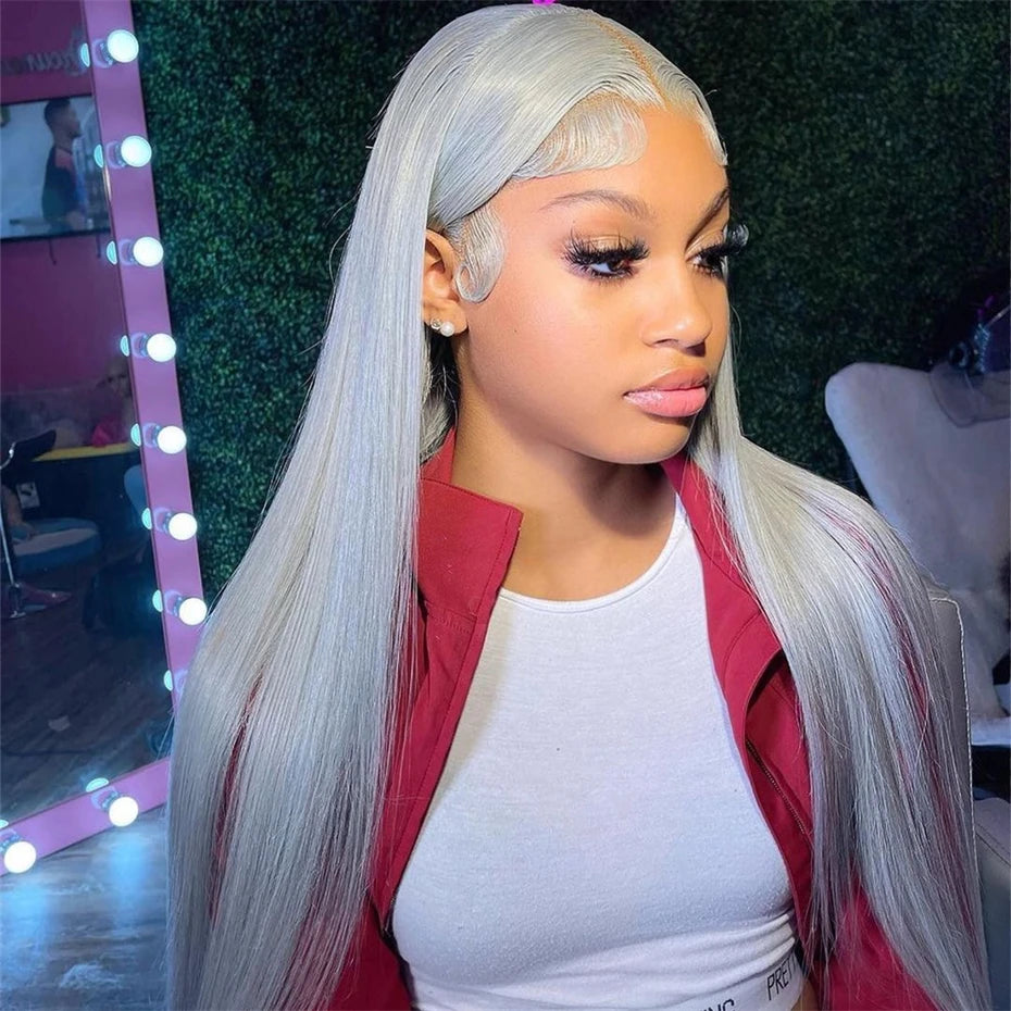13x6 Silver Grey Straight Lace Front Human Hair Wigs Pre Plucked 613 Blonde Body Wave Frontal Wigs For Women Brazilian Hair Wigs