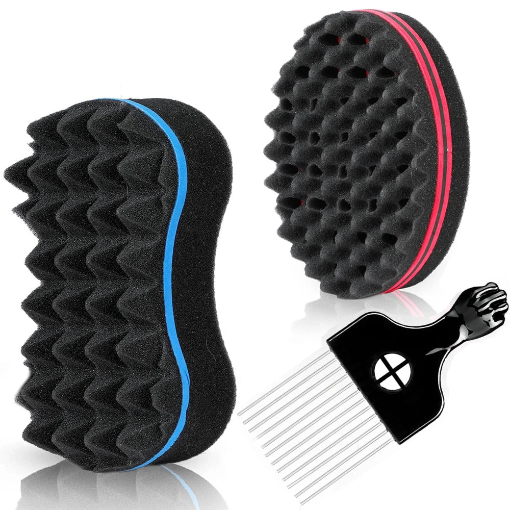 3pcs/Set Magic Twist Hair Sponges Set, Big Holes Sponge Brush for Hair, Curling Sponge Glove for Men Women Curls with Metal Afro