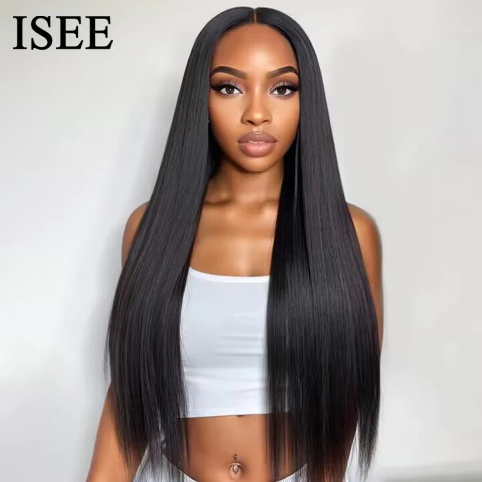 Pre Bleached Knots Bone Straight Human Hair Wigs PrePlucked Transparent Lace Closure Wig ISEE Hair Glueless Wig Wear And Go