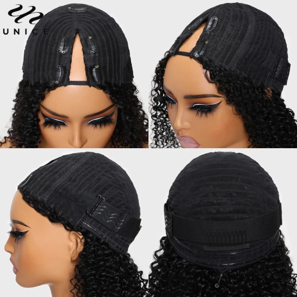 UNice Hair Drawstring Cap Kinky Straight V Part Wig & U Part Wig EasiContour 100% Human Hair Wigs No Glue Small Head Friendly