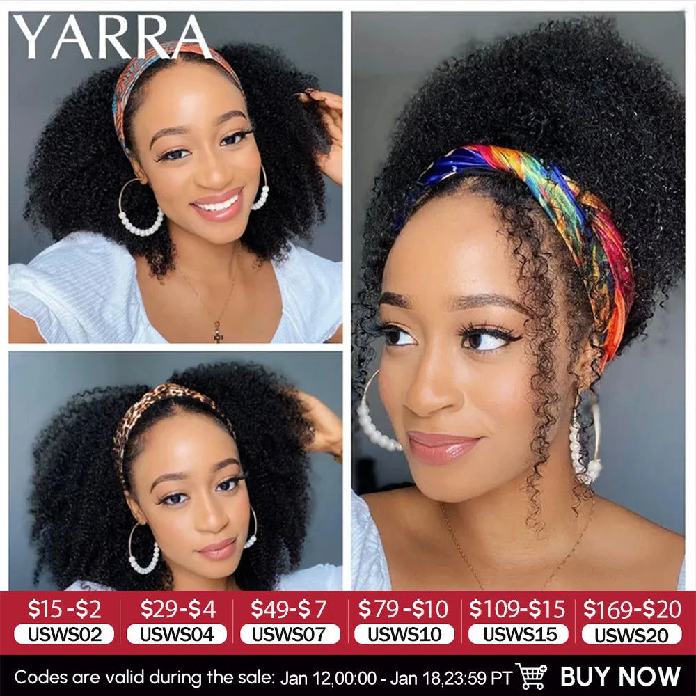 Headband Wig Human Hair Afro Kinky Curly 200 Density Brazilian Remy Hair Afro Kinky Headband Scarf Wigs For Black Women 180%