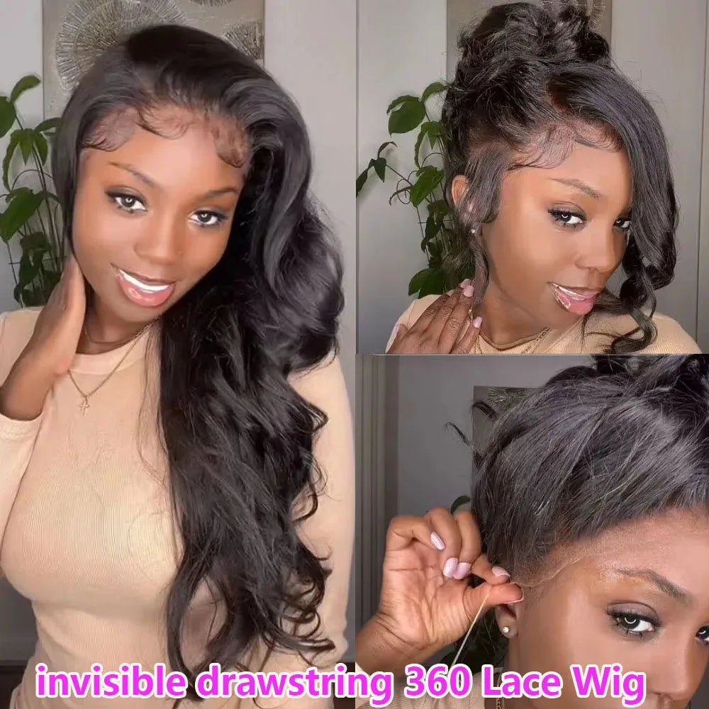 Hidden Strap Body Wave 360 HD Full Lace Front Wigs Human Hair Pre Plucked 12A Glueless Brazilian Virgin Wig With Drawstring