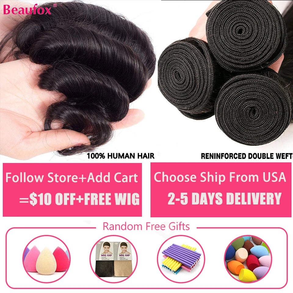 Beaufox Loose Wave Bundles 100% Human Hair Bundles Indian Hair Weave 1/3/4 Bundles Deal Human Hair Virgin Human Hair Extensions