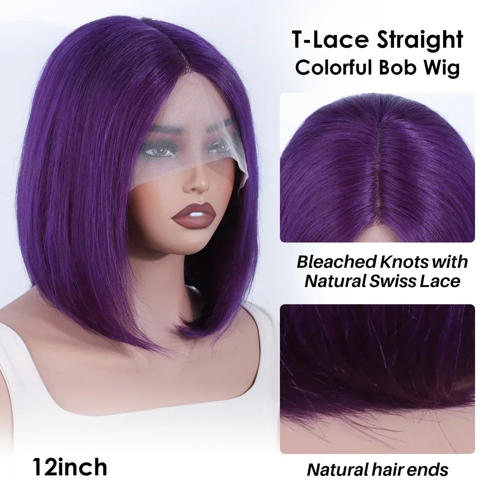 Purple Bob Wig Human Hair Preplucked T Lace Frontal Bob Wigs Brazilian Straight Bob 100% Human Hair Wigs Straight Lace Front Wig