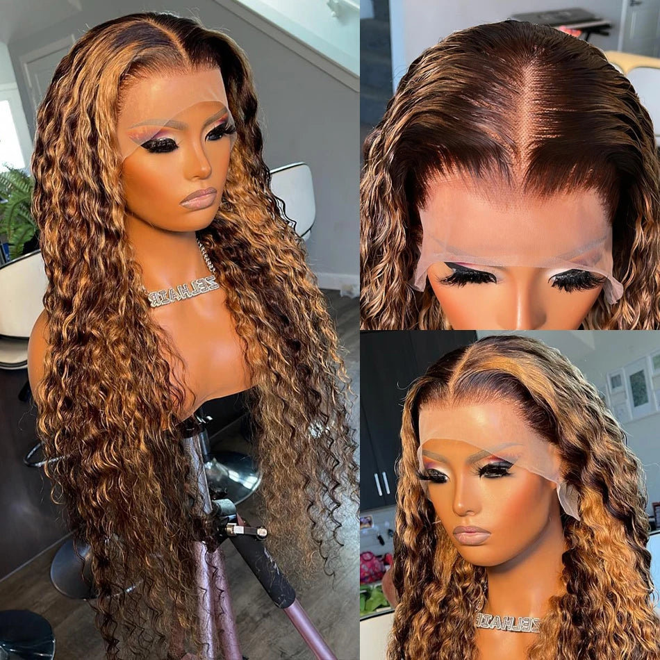 Wiggogo Curly Colored Highlight Wig Human Hair Deep Wave 13X6 Hd Lace Frontal Wig 13X4 4/27 Ombre Brown Blonde Lace Front Wigs