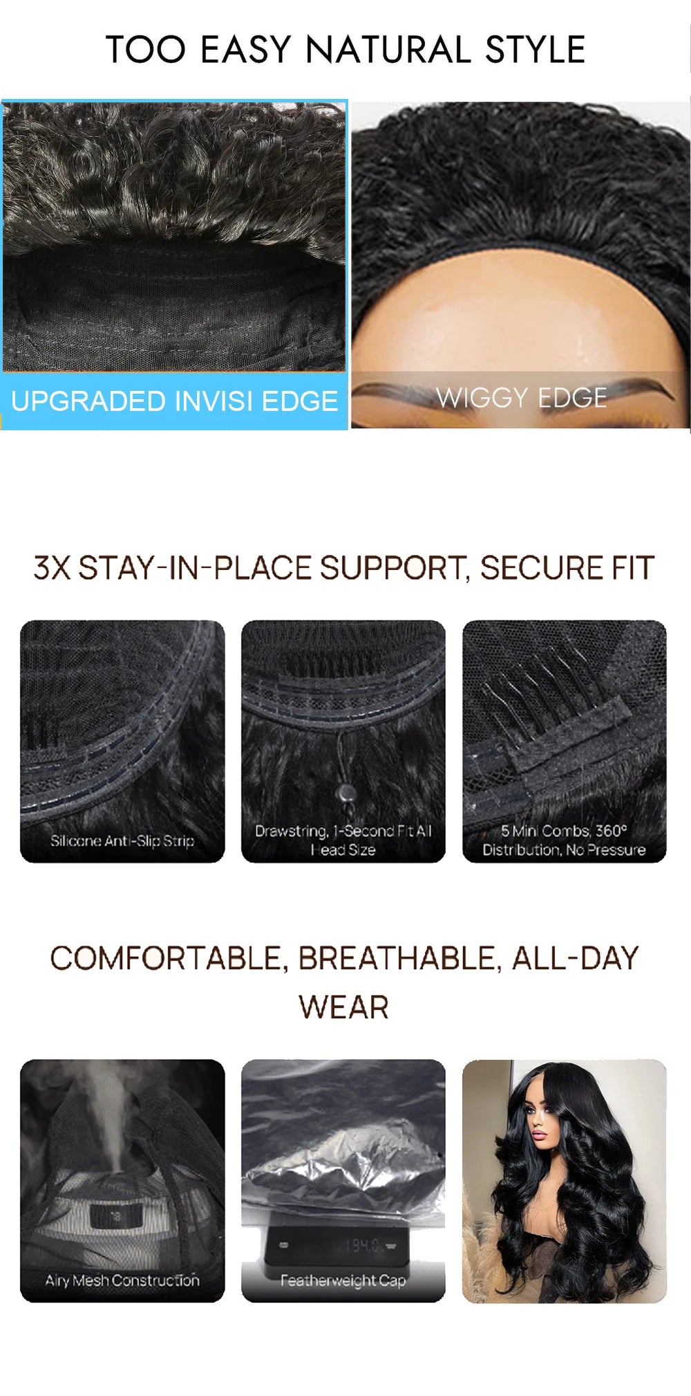 Body Wave Human Hair Wigs For Women 34 Inch 3 In 1 Drawstring half wigs human hair curly wigs black wigs 100% human