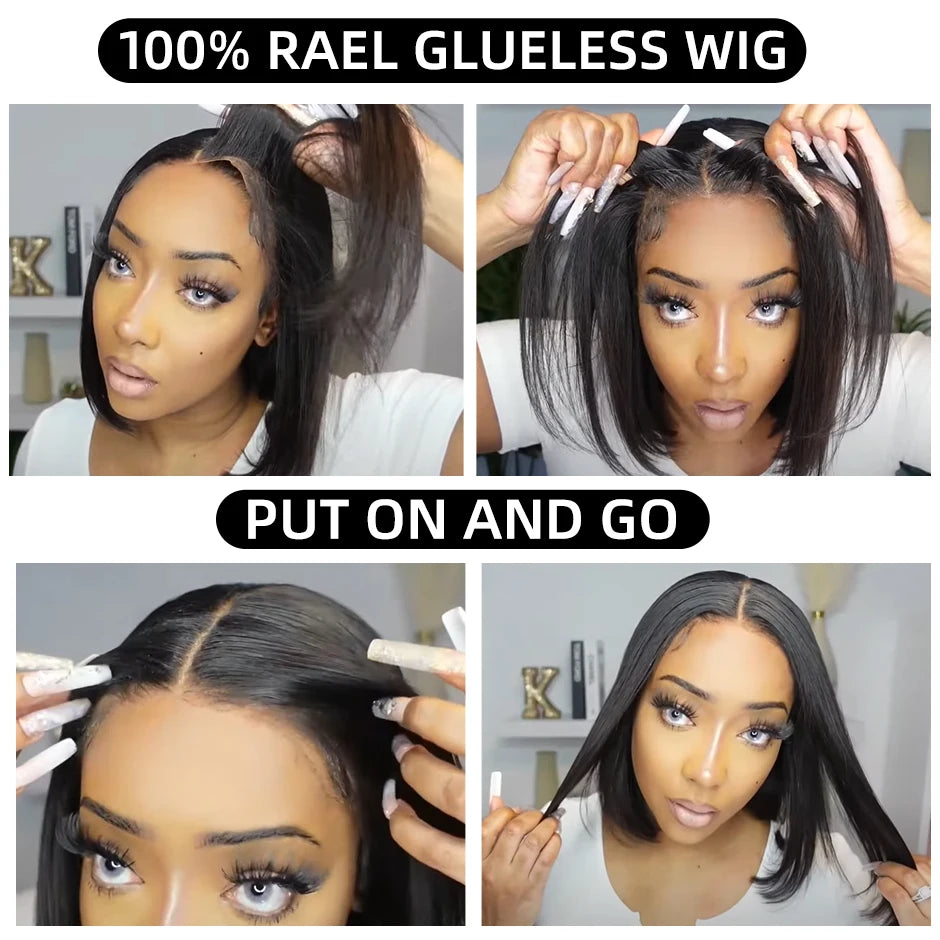 YAWAWE Pre-Bleached Knots Glueless Wig Ready To Wear Wigs Straight Pre-plucked Human Hair Bob Wigs Pre-cut HD Lace Wear Go Wigs