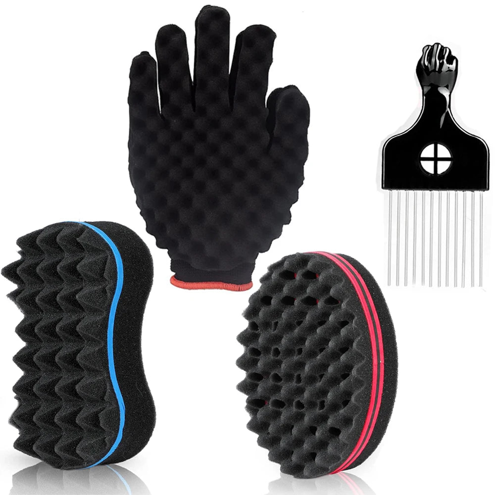 3pcs/Set Magic Twist Hair Sponges Set, Big Holes Sponge Brush for Hair, Curling Sponge Glove for Men Women Curls with Metal Afro