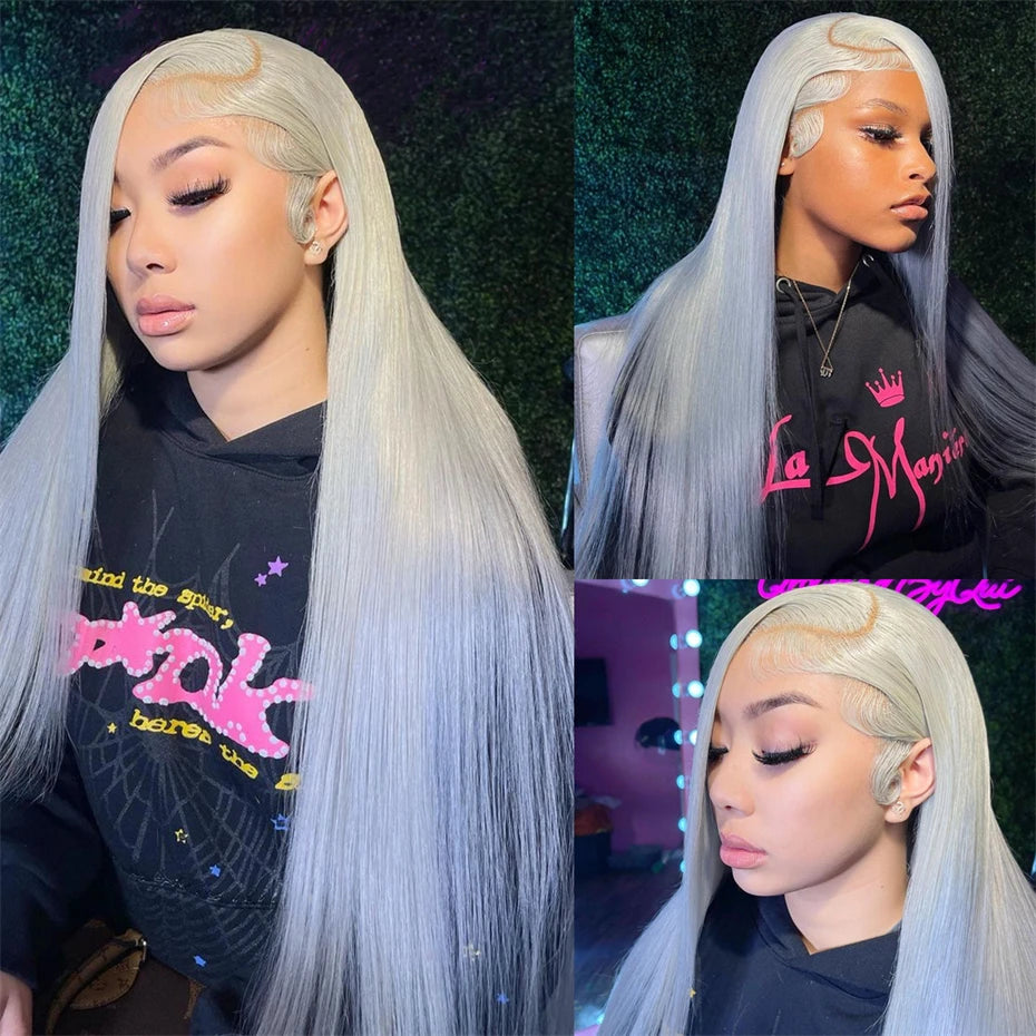 13x6 Silver Grey Straight Lace Front Human Hair Wigs Pre Plucked 613 Blonde Body Wave Frontal Wigs For Women Brazilian Hair Wigs