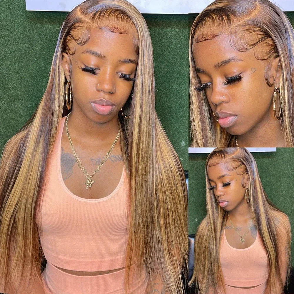 P4/27 Honey Blonde 360 Full HD Lace Frontal Wig 30 Inch Straight Lace Front Wigs Highlight Glueless Wig Human Hair Pre Plucked