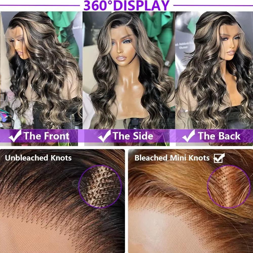 1B/27 Body Wave 13x4 Hd Lace Front Highlight Human Hair Wigs 30 Inch Ombre Blonde Colored Frontal Easy Fit™ 3-in-1 Wig For Women
