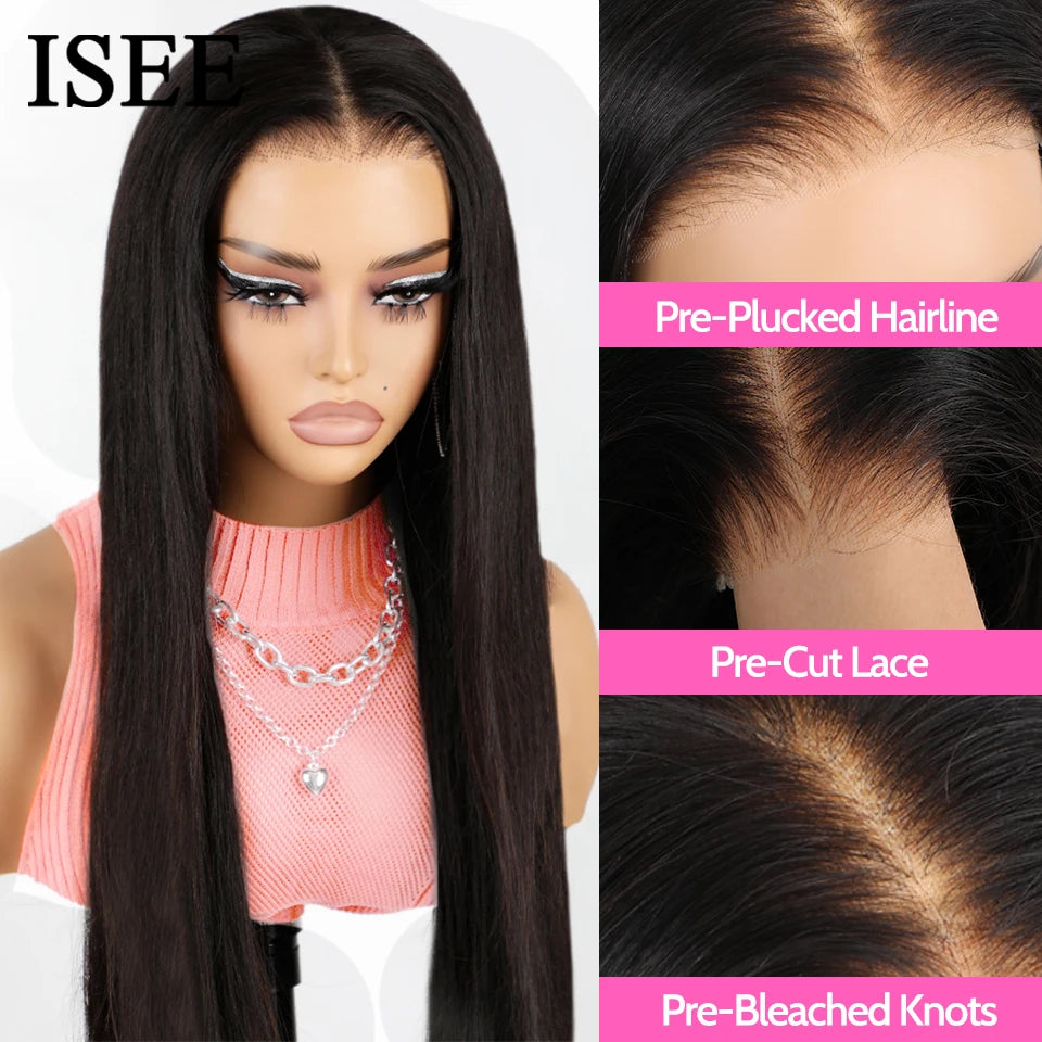 Pre Bleached Knots Bone Straight Human Hair Wigs PrePlucked Transparent Lace Closure Wig ISEE Hair Glueless Wig Wear And Go