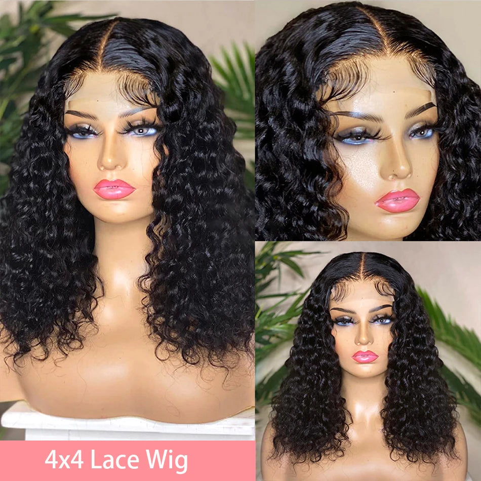 Brazilian Curly Short Bob 13x4 Lace Frontal Wig 200% Density Deep Wave 4x4 Transparent Lace Front Wigs 100% Human Hair For Women