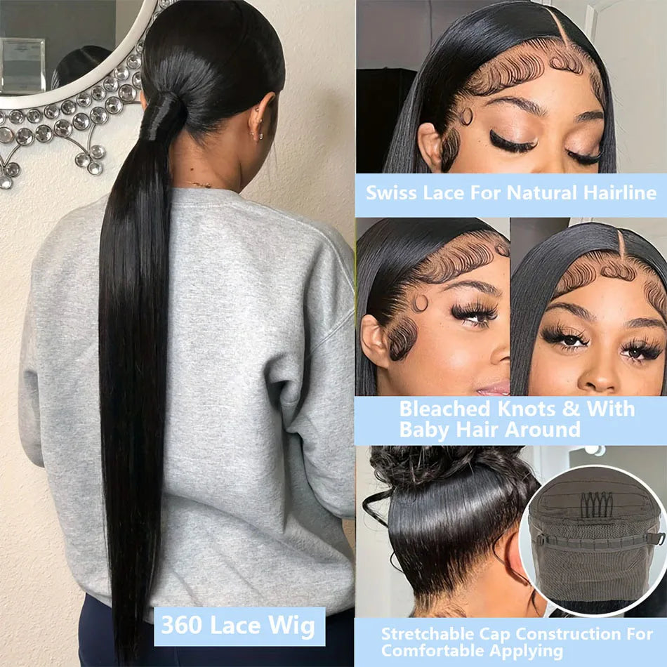 250 Density Upgrade Invisible Drawstring 360 Full Lace Frontal Wig 30 Inch Straight HD Lace Front Wigs Human Hair Natural Black