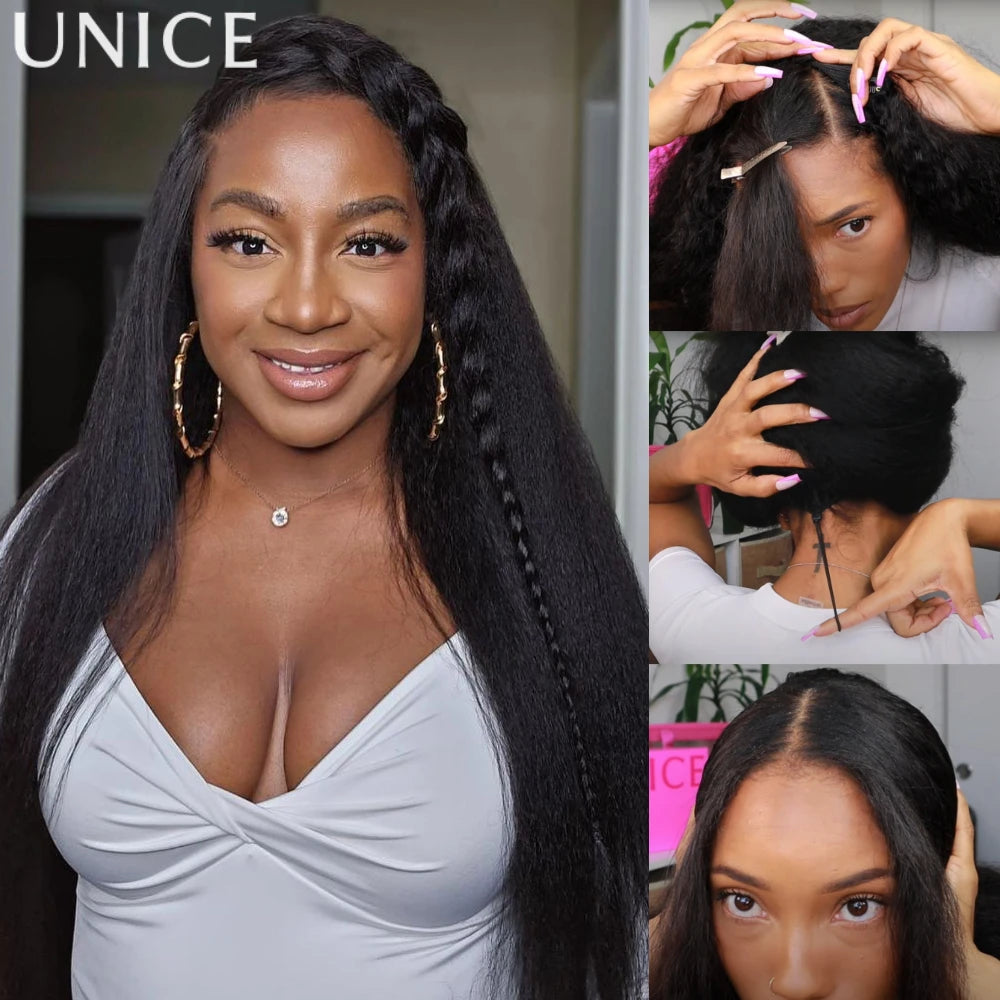 UNice Hair Drawstring Cap Kinky Straight V Part Wig & U Part Wig EasiContour 100% Human Hair Wigs No Glue Small Head Friendly