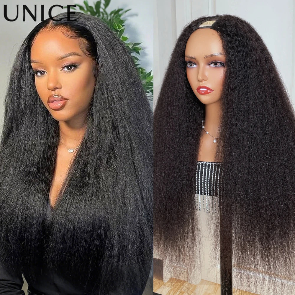 UNice Hair Drawstring Cap Kinky Straight V Part Wig & U Part Wig EasiContour 100% Human Hair Wigs No Glue Small Head Friendly
