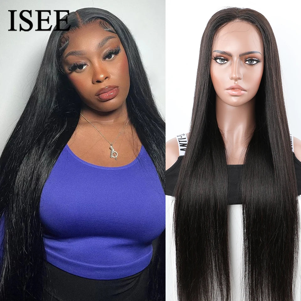 Pre Bleached Knots Bone Straight Human Hair Wigs PrePlucked Transparent Lace Closure Wig ISEE Hair Glueless Wig Wear And Go