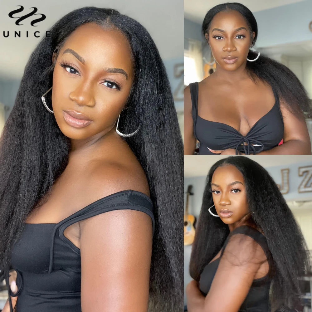 UNice Hair Drawstring Cap Kinky Straight V Part Wig & U Part Wig EasiContour 100% Human Hair Wigs No Glue Small Head Friendly