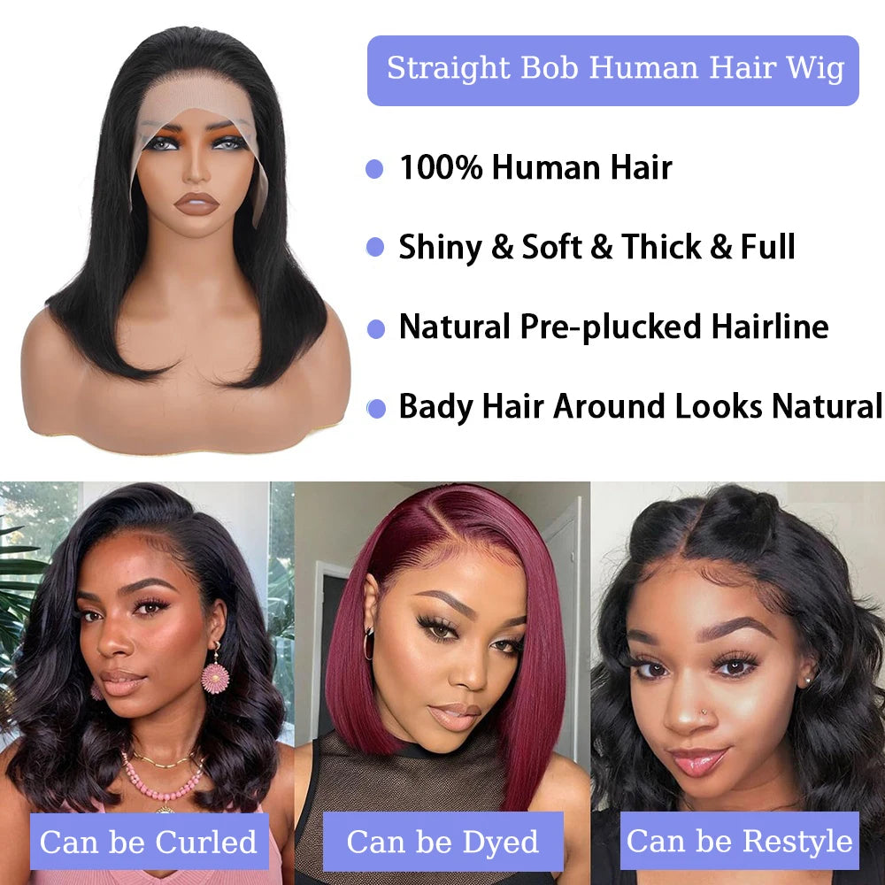 Pre Plucked Black Straight Bob Wig 12 14 Inch 13x4 4x4 Closure Lace Frontal Bone Straight Short Bob Wig 100% Human Hair