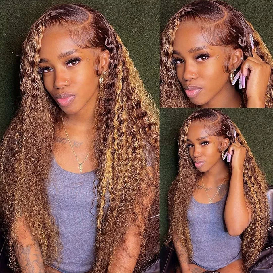 Wiggogo Curly Colored Highlight Wig Human Hair Deep Wave 13X6 Hd Lace Frontal Wig 13X4 4/27 Ombre Brown Blonde Lace Front Wigs