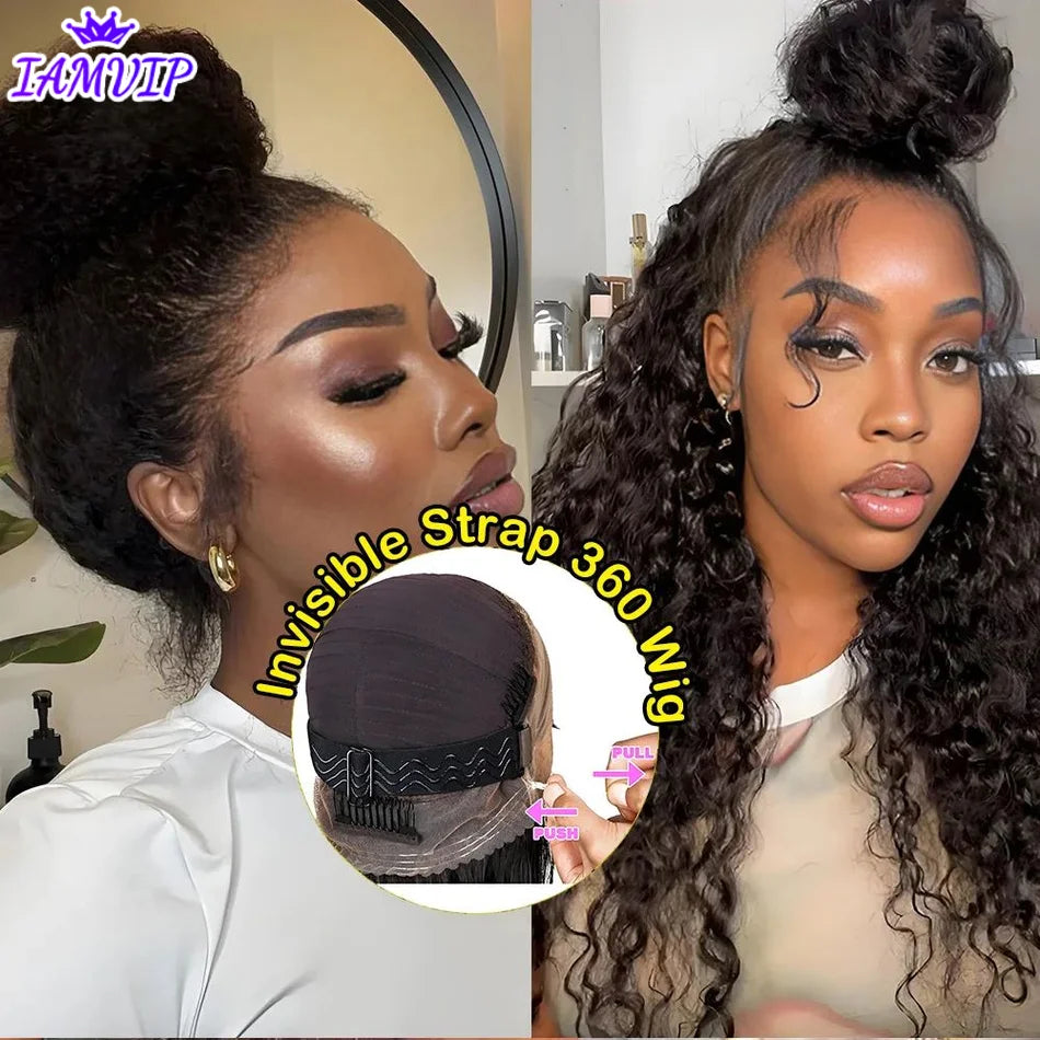 4C Edges Invisible Strap Drawstring Lace Wig Kinky Curly Deep Water 100% Human Hair Wig 30 inch 360 Full Hd Lace Glueless Wig