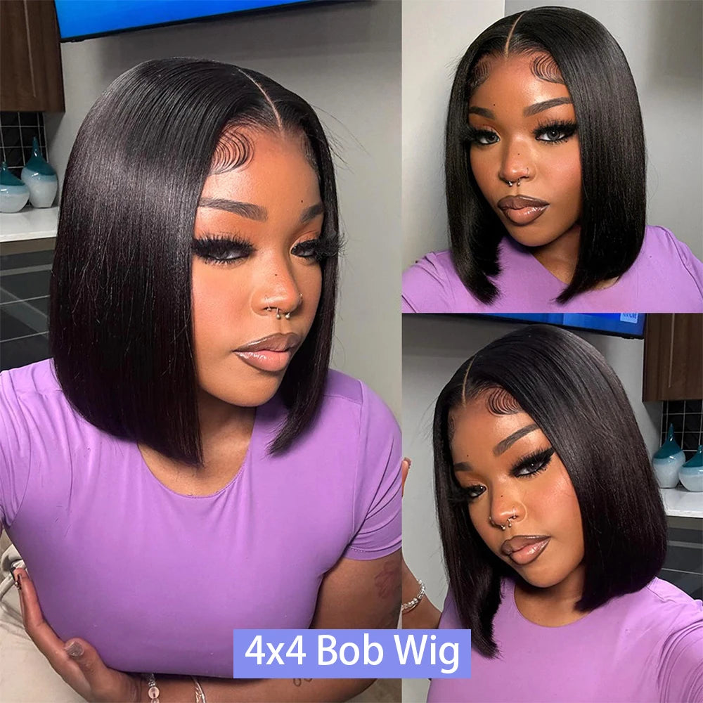 Pre Plucked Black Straight Bob Wig 12 14 Inch 13x4 4x4 Closure Lace Frontal Bone Straight Short Bob Wig 100% Human Hair