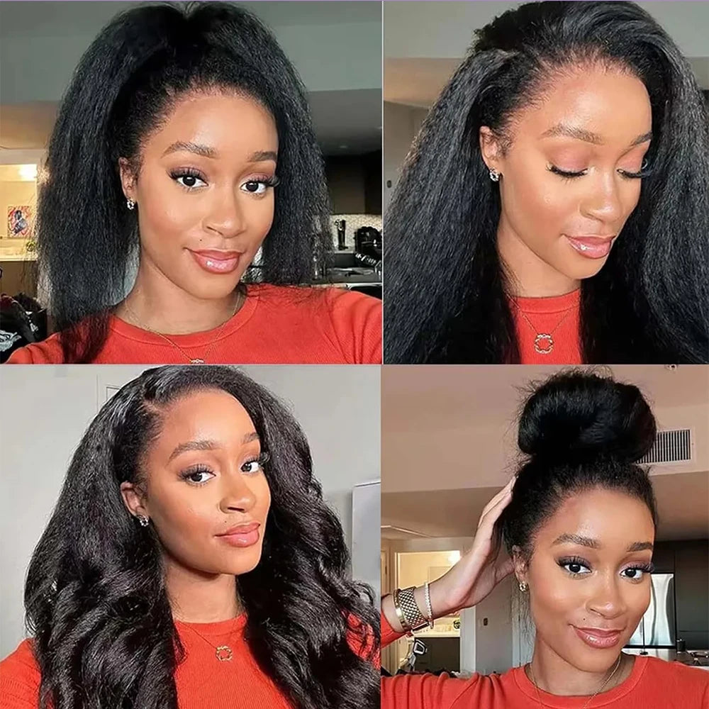 250 Density Kinky Straight Half Wigs Human Hair Wig Human Hair Ready to Wear 3 IN 1 Half Wig Drawstring Yaki Half Wig Human Hair