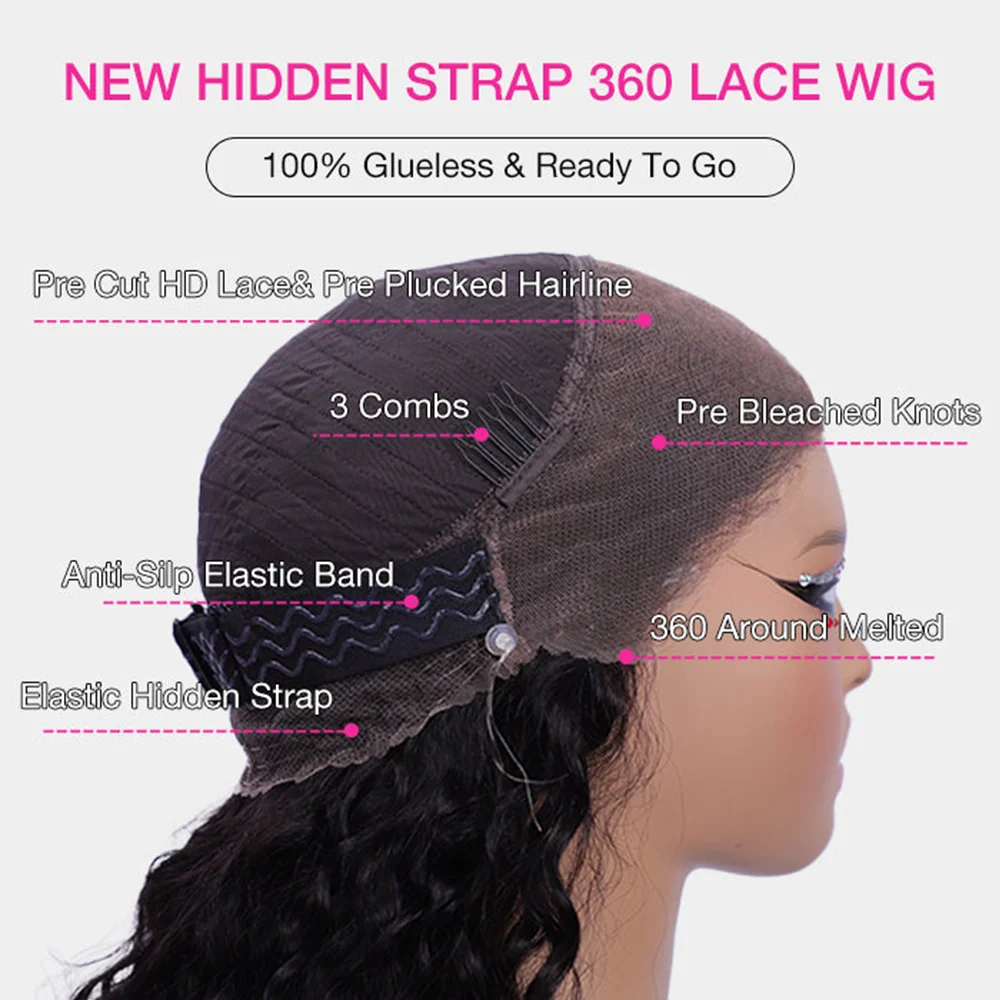 4C Edges Invisible Strap Drawstring Lace Wig Kinky Curly Deep Water 100% Human Hair Wig 30 inch 360 Full Hd Lace Glueless Wig