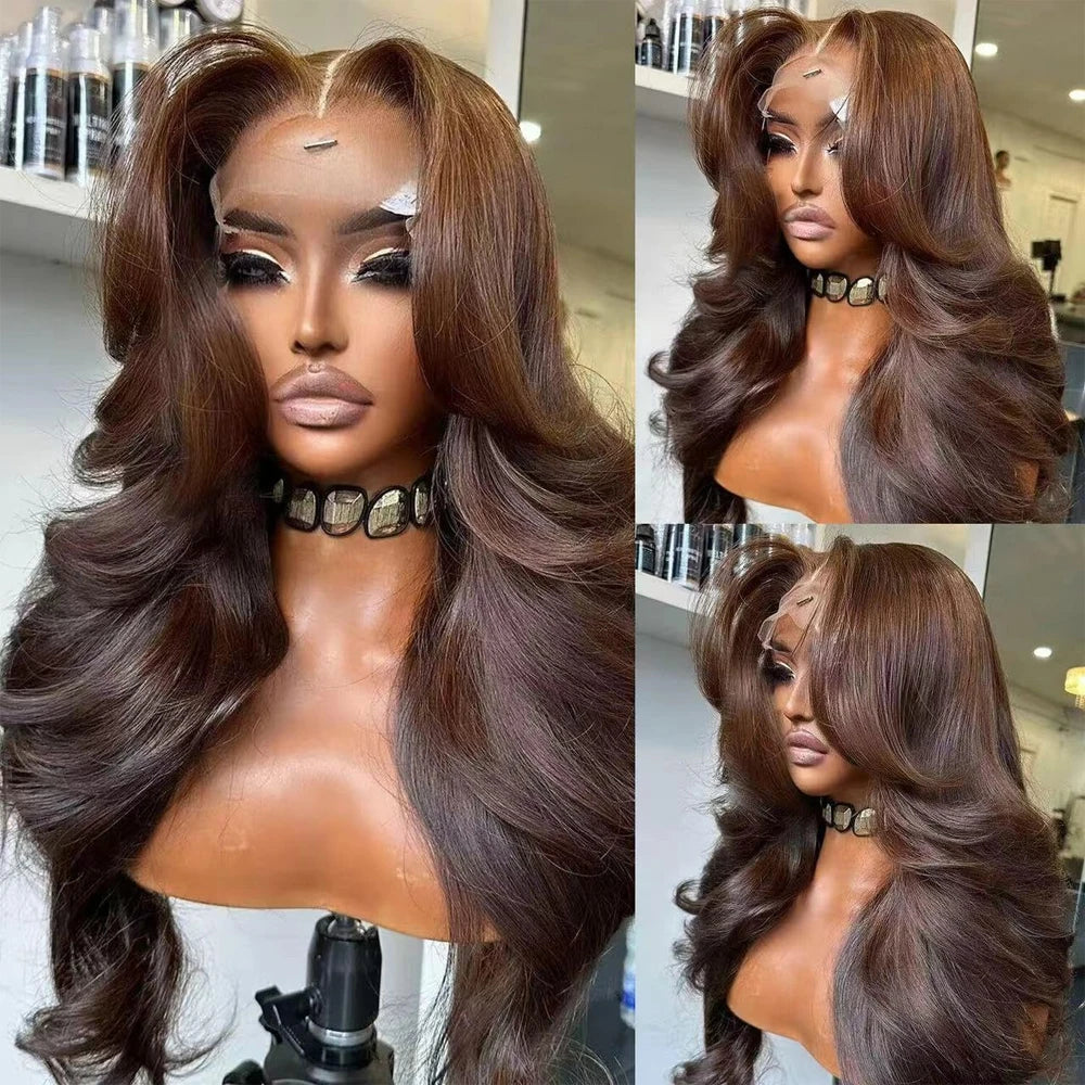 200 Density 13X6 Chocolate Brown Body Wave Lace Front Wigs 13x4 HD Transparent Lace Front Wigs For Women Auburn Brown Colored