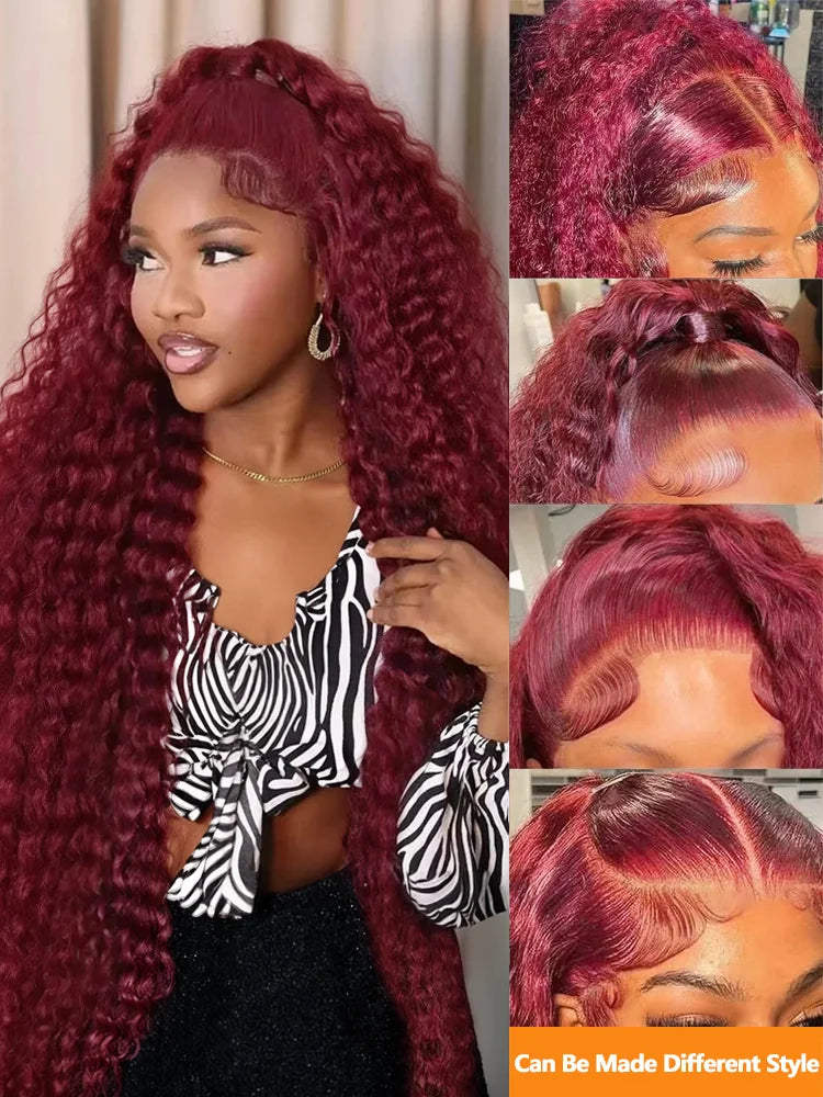 250 Density Deep Wave 99J Burgundy 13x4 Lace Frontal Wig Human Hair 13x6 Curly 30 40 Inch HD Lace Front Wigs Red Wine Water Wave