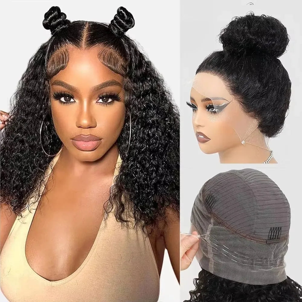 4C Edges Invisible Strap Drawstring Lace Wig Kinky Curly Deep Water 100% Human Hair Wig 30 inch 360 Full Hd Lace Glueless Wig