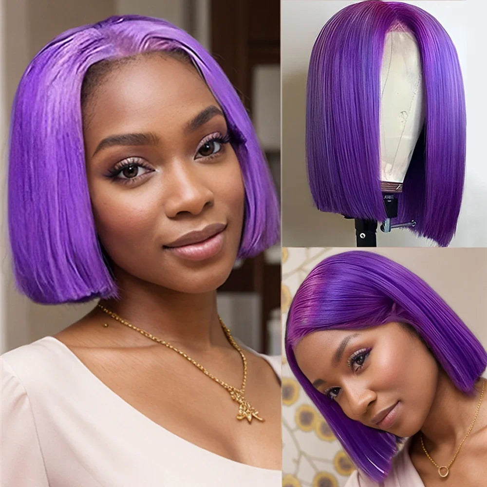 Purple Bob Wig Human Hair Preplucked T Lace Frontal Bob Wigs Brazilian Straight Bob 100% Human Hair Wigs Straight Lace Front Wig