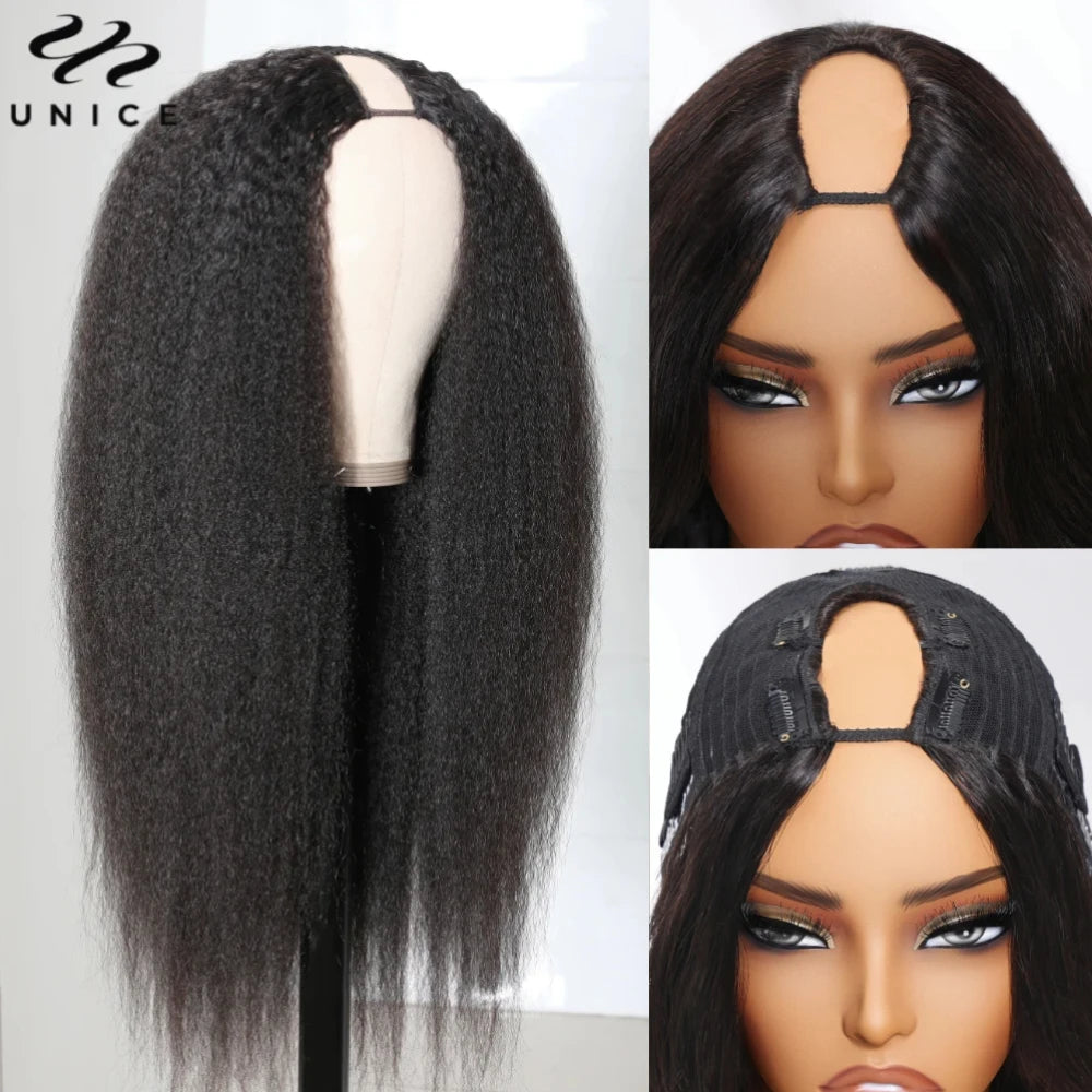 UNice Hair Drawstring Cap Kinky Straight V Part Wig & U Part Wig EasiContour 100% Human Hair Wigs No Glue Small Head Friendly