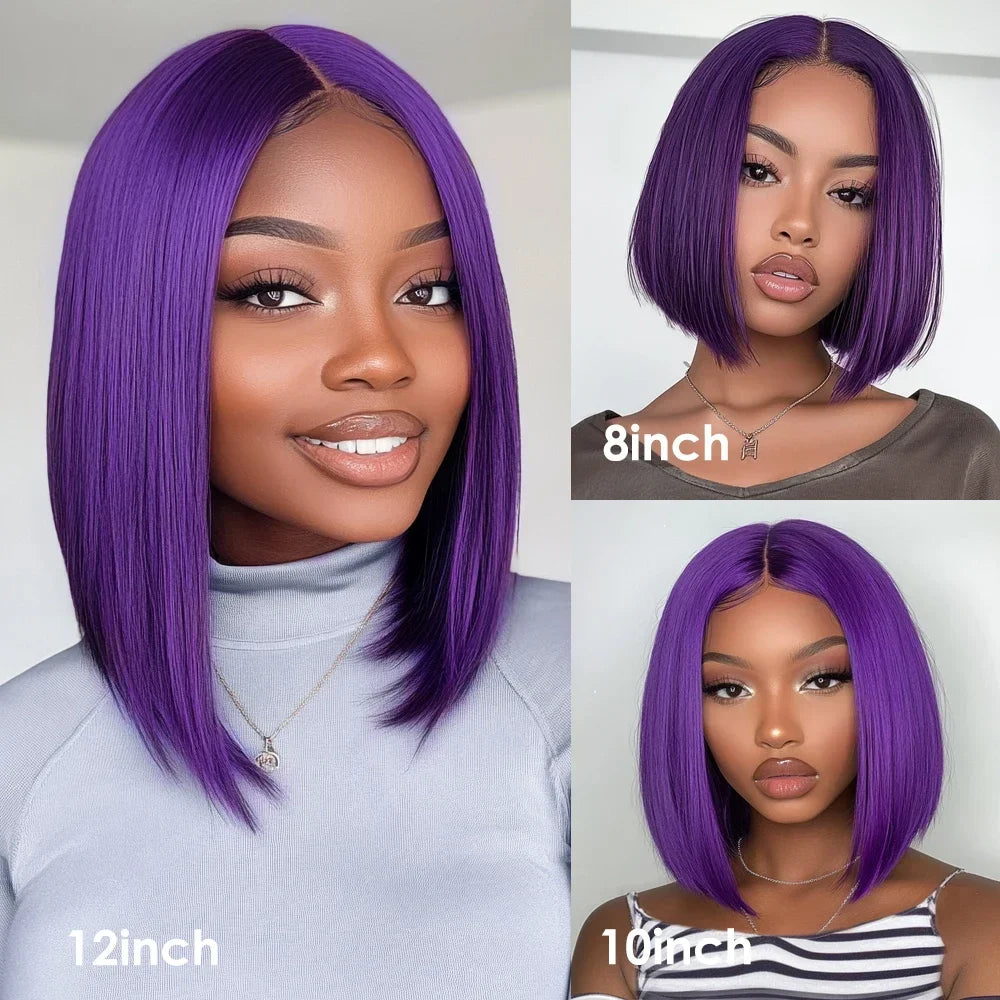 Purple Bob Wig Human Hair Preplucked T Lace Frontal Bob Wigs Brazilian Straight Bob 100% Human Hair Wigs Straight Lace Front Wig