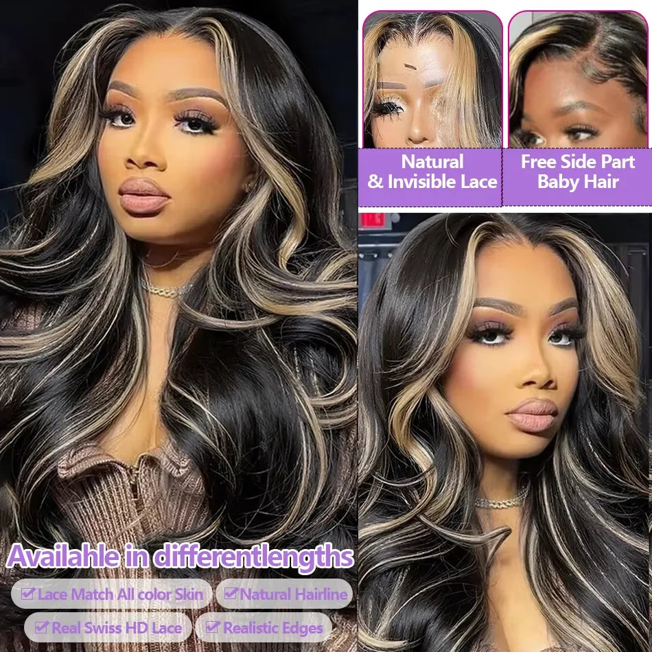 1B/27 Body Wave 13x4 Hd Lace Front Highlight Human Hair Wigs 30 Inch Ombre Blonde Colored Frontal Easy Fit™ 3-in-1 Wig For Women