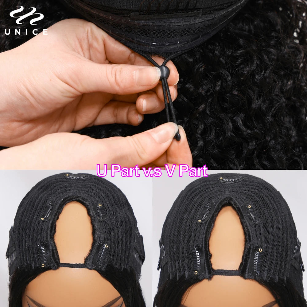 UNice Hair Drawstring Cap Kinky Straight V Part Wig & U Part Wig EasiContour 100% Human Hair Wigs No Glue Small Head Friendly